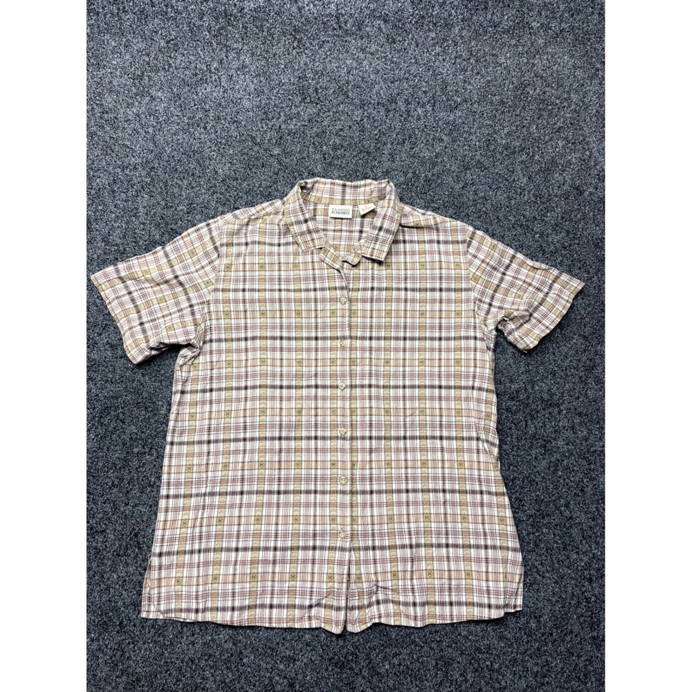 Classic Elements Mens Large Plaid Short Sleeve Button Down Shirt Brown Cotton